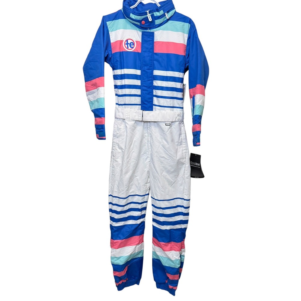 Tipsy Elves Womens Icy U Ski Suit XS White Blue Pink Striped Retro Waterproof NW